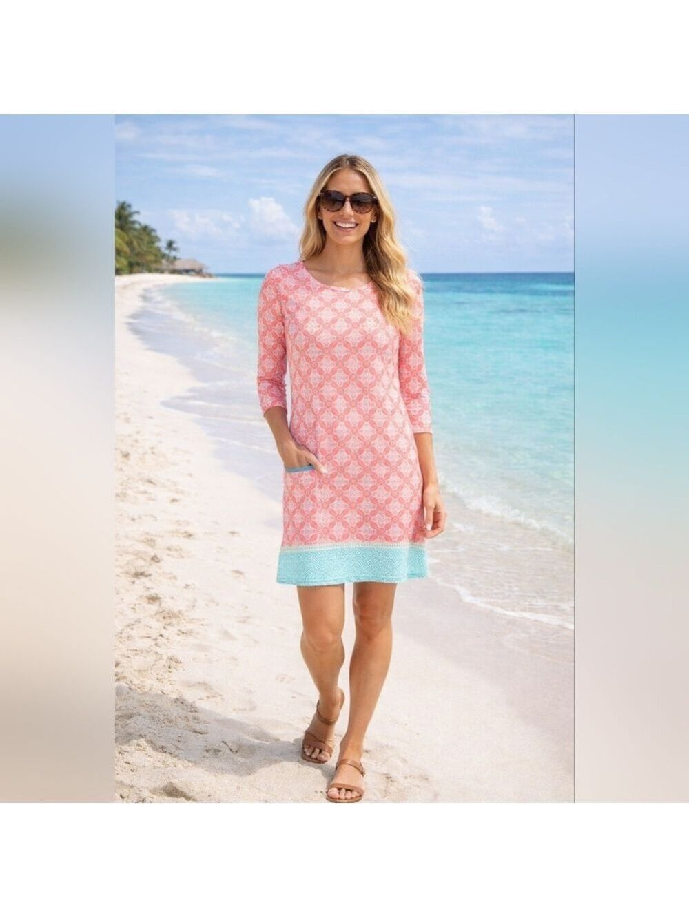 Cabana Life Tunic Dress Large UPF 50+ Coral Aqua Print